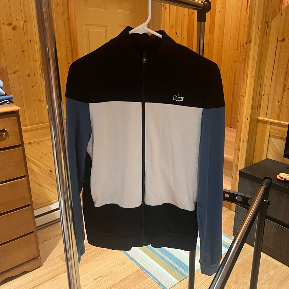 Lacoste Men's Black, White, and Blue Zip-Up Sweater